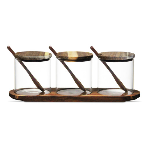 Set of 3 Spice Jars Rio with Acacia Wood Lid and Spoon – 3 x 300 ml
