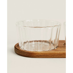 Set van drie borosilicaatglazen kommen Linea met acacia dienblad – 42 cm