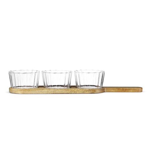 Set van drie borosilicaatglazen kommen Linea met acacia dienblad – 42 cm