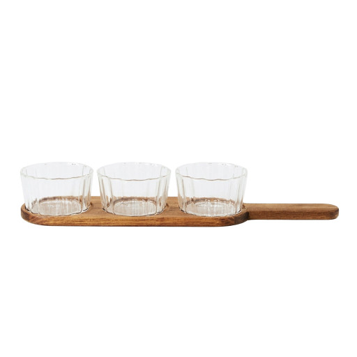 Set van drie borosilicaatglazen kommen Linea met acacia dienblad – 42 cm