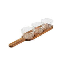 Set van drie borosilicaatglazen kommen Linea met acacia dienblad – 42 cm