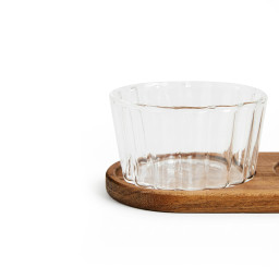 Set van drie borosilicaatglazen kommen Linea met acacia dienblad – 42 cm