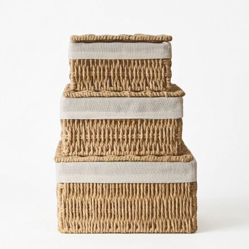 Storage basket square -BOHO- with lid, 3 pcs