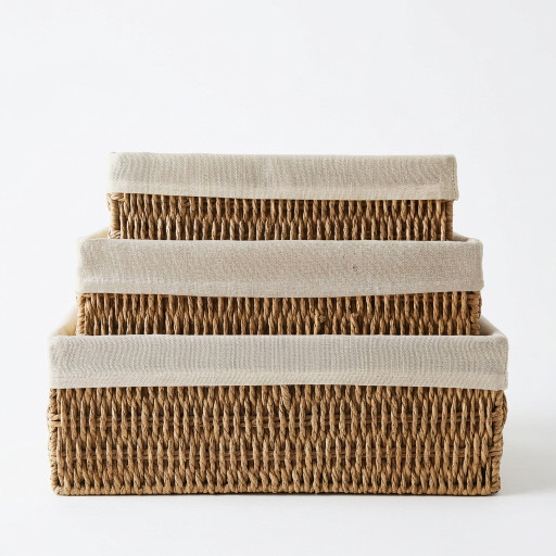 Storage basket rectangular -BOHO- with linen lining, 3 pcs