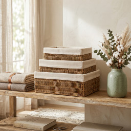 Storage basket rectangular -BOHO- with linen lining, 3 pcs Storage basket rectangular -BOHO- with linen lining, 3 pcs