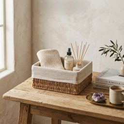 Storage basket square -BOHO- with linen lining Storage basket square -BOHO- with linen lining